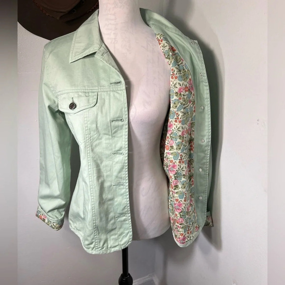 Orvis, S, vintage, pale green w/ floral lining logo button front collared jacket - Picture 3 of 8